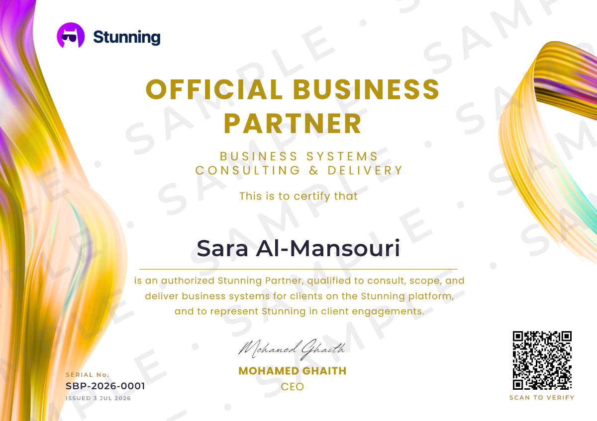 Muestra del certificado oficial de socio de Stunning