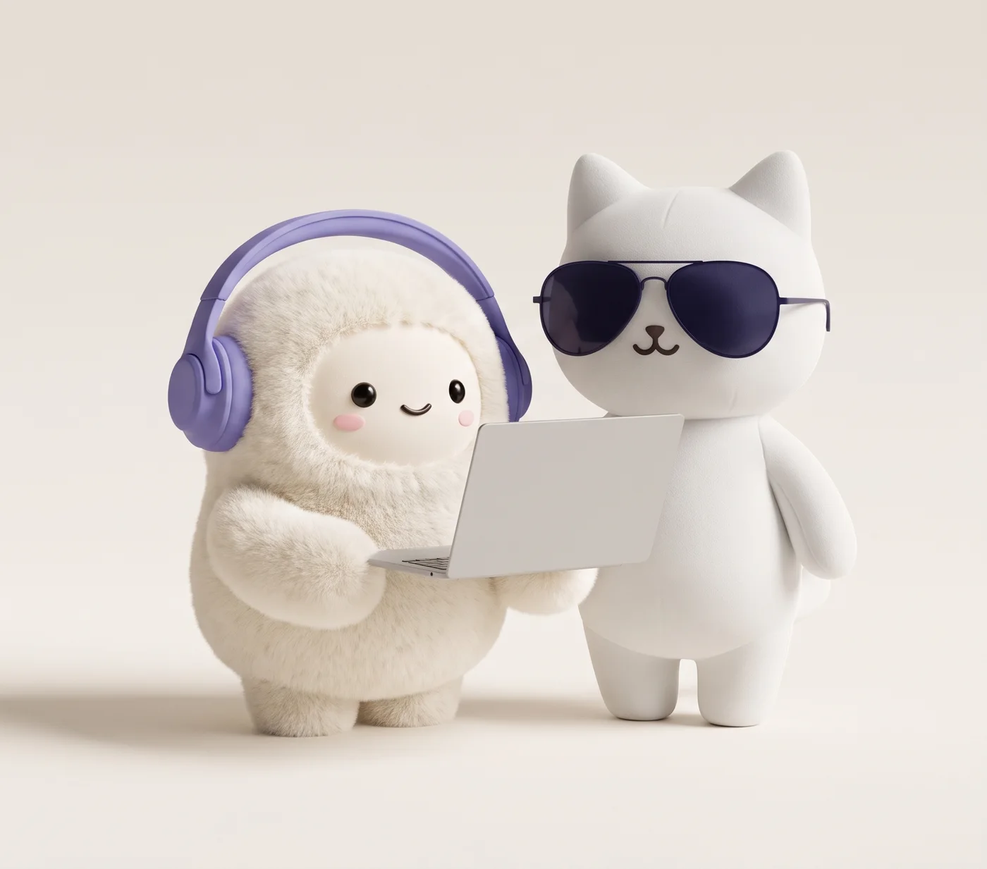 El personaje de Muse con un portátil junto al gato de Stunning con gafas de sol.