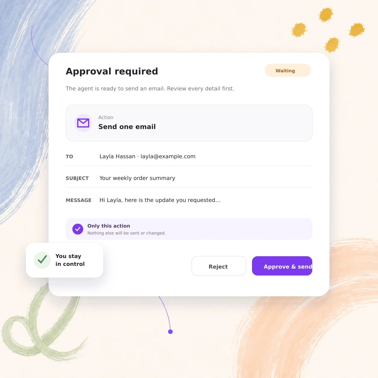 بطاقة موافقة تحمل رسالة واحدة — المستلم والموضوع والنص — مع زرَّي الرفض والإرسال، وتنبيه أن لا شيء غيرها سيُرسل.