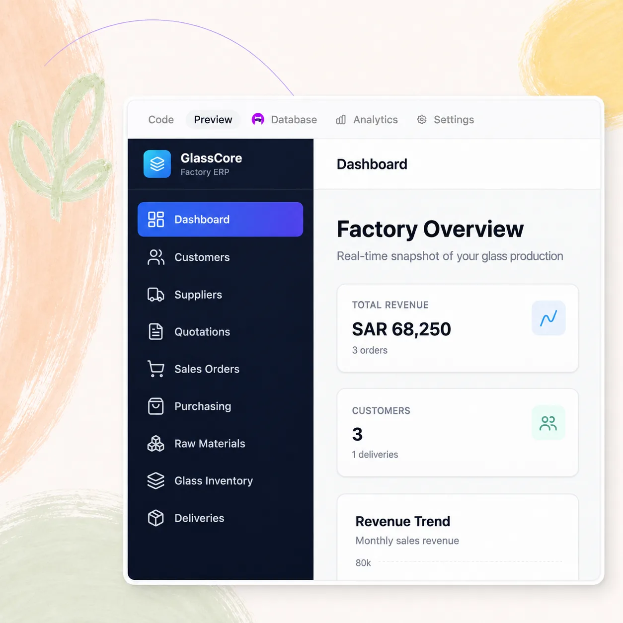 A factory ERP built in Stunning, open on its dashboard with revenue and customer figures.