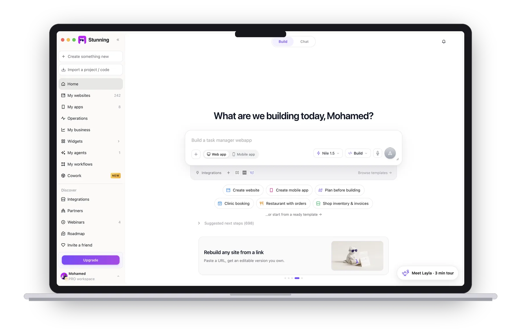 Stunning Desktop open on a MacBook: the sidebar with your websites, apps and agents beside the composer.